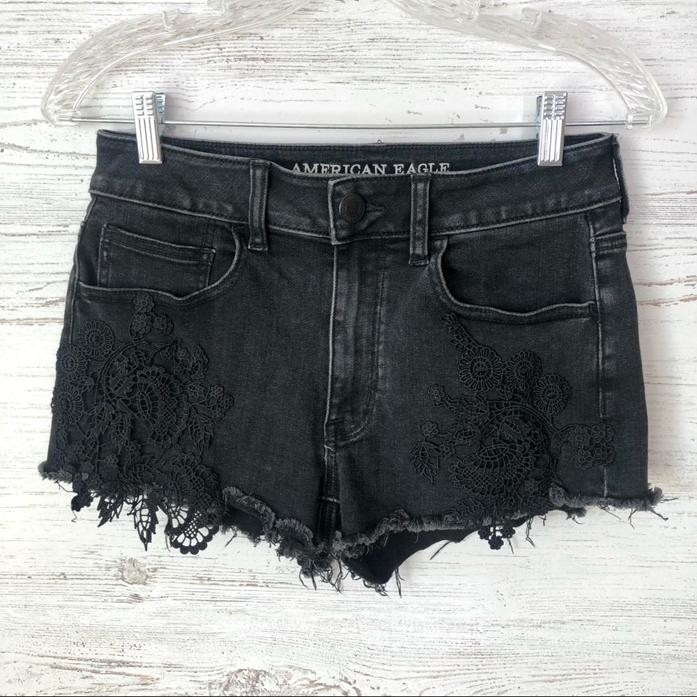 *3/$20* AMERICAN EAGLE Black Hi Rise Shortie with Lace Boho Festival Hippie 6